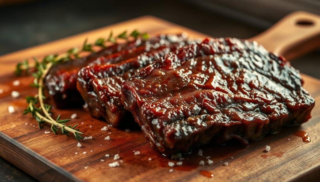 A close-up photograph of freshly cooked boneless beef short ribs, glistening with a rich, caramelized glaze. The meat, tender and succulent, is arranged artfully on a rustic wooden cutting board, showcasing the beautiful marbling and texture. Warm, golden lighting casts a soft, inviting glow, highlighting the deep burgundy hues of the braised beef. Sprigs of fresh thyme and a scattering of coarse sea salt add a touch of elegance and complexity to the composition. The overall mood is one of culinary sophistication and mouthwatering anticipation, inviting the viewer to imagine the flavor and tenderness of these premium boneless short ribs. A close-up photograph of freshly cooked boneless beef short ribs, glistening with a rich, caramelized glaze. The meat, tender and succulent, is arranged artfully on a rustic wooden cutting board, showcasing the beautiful marbling and texture. Warm, golden lighting casts a soft, inviting glow, highlighting the deep burgundy hues of the braised beef. Sprigs of fresh thyme and a scattering of coarse sea salt add a touch of elegance and complexity to the composition. The overall mood is one of culinary sophistication and mouthwatering anticipation, inviting the viewer to imagine the flavor and tenderness of these premium boneless short ribs.