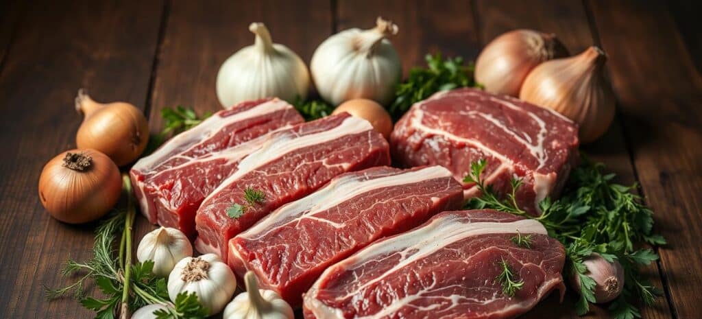 A still life arrangement showcasing the key ingredients for a boneless beef short ribs recipe. Centered on a rustic wooden table, various cuts of boneless short ribs are displayed prominently, their marbled texture and deep reddish-brown hue capturing the eye. Surrounding the meat are complementary ingredients like aromatic onions, garlic, and herbs, their colors and shapes creating a harmonious composition. The lighting is soft and natural, emphasizing the earthy tones and creating subtle shadows that add depth and dimension to the scene. The overall mood is one of culinary anticipation, inviting the viewer to imagine the flavors and textures of the finished dish.
